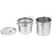 A Vollrath stainless steel double boiler set with pots and lids.
