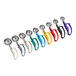 A row of colorful Choice EZ Grip Squeeze Handle Disher ice cream scoops. The handles are blue, green, purple, and black.