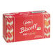 A red box with white text and red and white text containing Lotus Biscoff cookies.