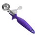 A purple and silver Choice food scoop with a handle.