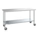 A long silver metal Steelton work table with wheels.