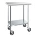 A Steelton stainless steel work table with casters.