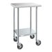 A Steelton stainless steel work table with undershelf and casters.