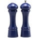 Two cobalt blue salt and pepper shakers with a silver cap.