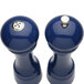 Two cobalt blue salt and pepper shakers with silver metal.
