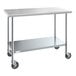 A silver metal Steelton work table with wheels.
