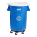 A Lavex blue and white recycling can with wheels.