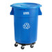 A blue Lavex 44 gallon round commercial recycling can with wheels.