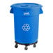 A blue Lavex commercial recycling can with a bottle lid and dolly.