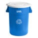 A blue Lavex commercial recycling can with a white lid.