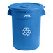 A blue plastic Lavex recycling can with a bottle lid.