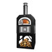 A Chicago Brick Oven black hybrid wood and natural gas-fired pizza oven with wood logs inside.