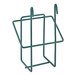 A close-up of a green metal rack with hooks.