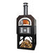 A copper and black Chicago Brick Oven wood and liquid propane gas-fired outdoor pizza oven on a stationary stand.