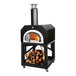 A Chicago Brick Oven wood-fired pizza oven with a black base and wood logs inside.