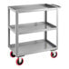 A Lavex steel utility cart with three shelves on wheels.