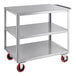 A silver Lavex steel utility cart with three shelves and wheels.