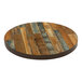 An American Tables & Seating round laminate table top with light blue and Yangon wood plank finish.