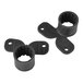 A pair of black plastic Oatey suspension pipe clamps with holes on them.