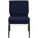 A navy blue church chair with a gold metal frame with a dot pattern.
