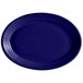 A blue oval platter with a curved edge.