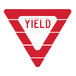 A red and white yield floor sign with a red triangle.