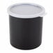 A black container with a white lid.