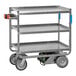 A gray metal Lakeside utility cart with three shelves and wheels.