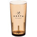 A close-up of a light amber Cambro plastic tumbler with the word "Pasta" on it.
