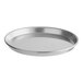 A close-up of a silver round Choice aluminum pizza pan with a round edge.