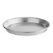 A silver round deep dish pizza pan with a white background.