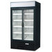 A black Beverage-Air refrigerator with glass doors.