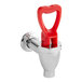 An Avantco faucet assembly with a red and white plastic handle on a chrome pipe.