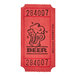 A roll of red 1-part beer raffle tickets with black text and a beer glass icon.