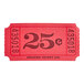 A close-up of a red 25 cent raffle ticket with black numbers.
