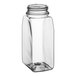 A clear rectangular plastic spice jar with a screw-on top.