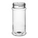 A clear plastic round spice jar with a lid.