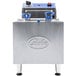 A stainless steel Globe electric countertop fryer with blue handles.