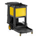 A black and yellow Lavex janitor cart with wheels.
