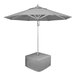 A grey California Umbrella on a stand.