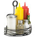 A Tablecraft black wire rack holding condiments and salt and pepper shakers.
