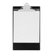 A Saunders black legal size aluminum clipboard with white clip holding lined paper.