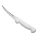 A white Dexter-Russell curved flexible boning knife with a white handle.