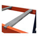 A metal Interlake Mecalux pallet rack support with orange metal rods.