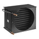 A black metal Avantco condenser coil with copper pipes and a round vent.