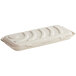 A white compostable fiber flatbread clamshell container with curved lines on it.