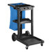 A Lavex black janitor cart with a blue bag on it.