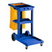 A blue Lavex janitor cart with a yellow bag.