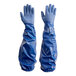 A pair of blue cotton-lined nitrile gloves with a rough grip.