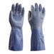 A pair of blue Showa rubber gloves with a rough grip.